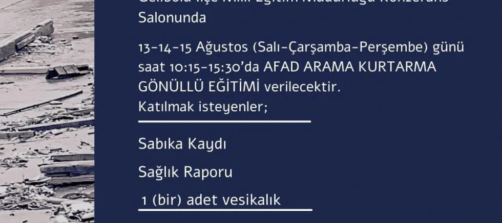 AFAD Arama Kurtarma Gönüllü Eğitimi Verilecek